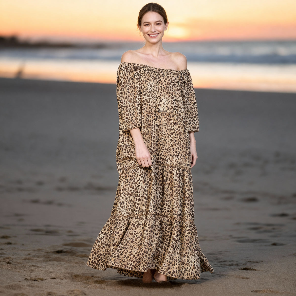 Full-length view of the Civico camel-brown leopard silk-viscose maxi dress in the evening light of Sitia, Crete.