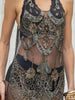 close up front view of brown maxi cover-up mesh, lightweight and elegant - luxury design 