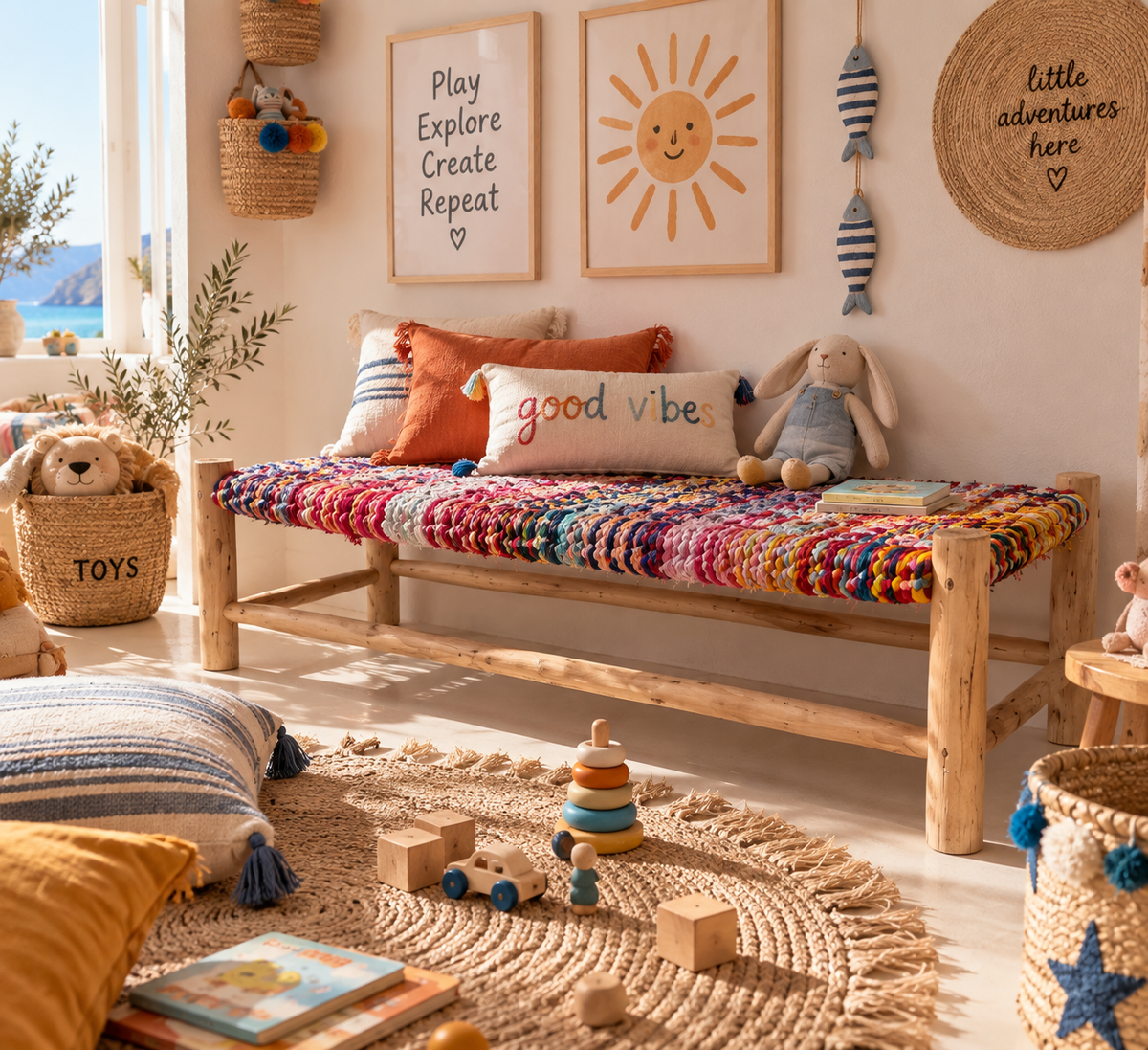 Colourful handmade textile bench styled with cushions and toys in a bright Mediterranean children's room.