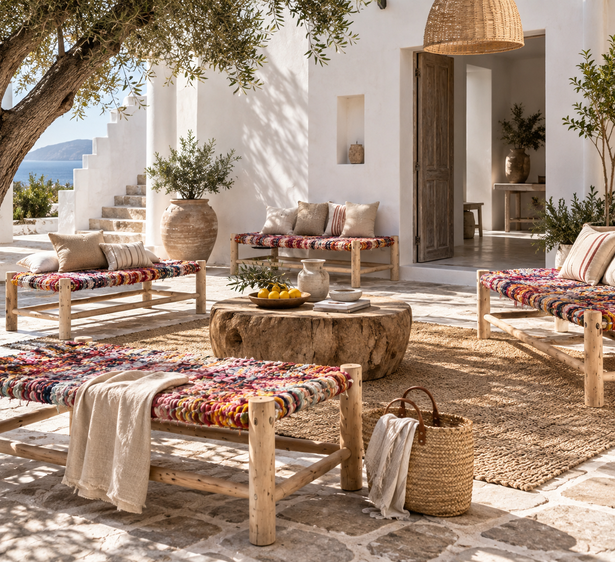 Colourful handmade benches on a covered Cretan terrace overlooking mountains and the Mediterranean Sea.