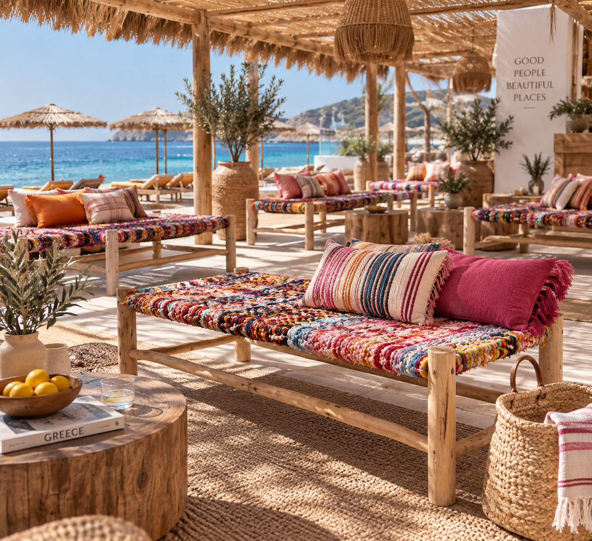 Several colourful handmade textile benches with matching cushions in a Mediterranean beach club setting.
