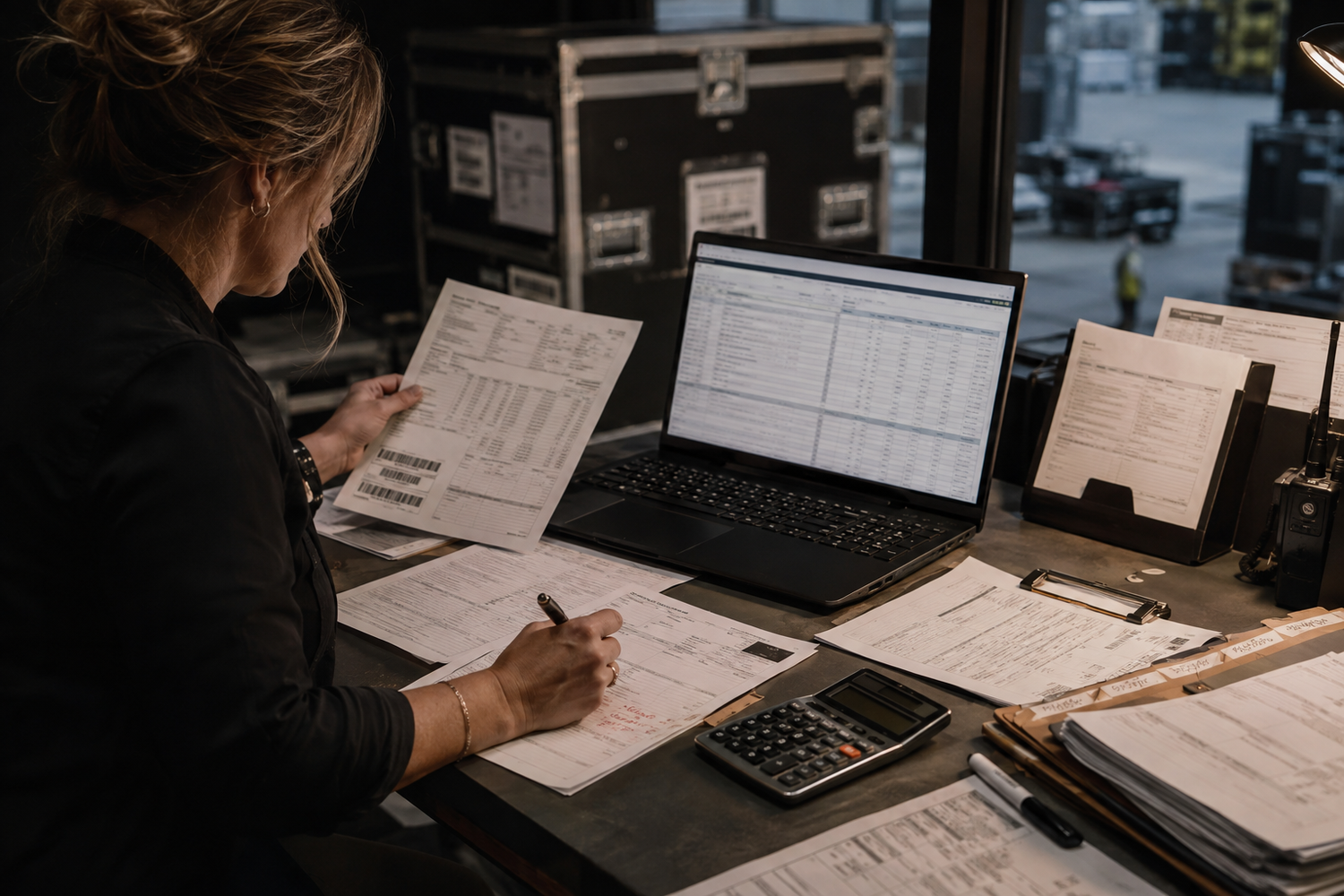 Viktoria Vigh reviewing freight documents and logistics costs at a workstation beside road cases.