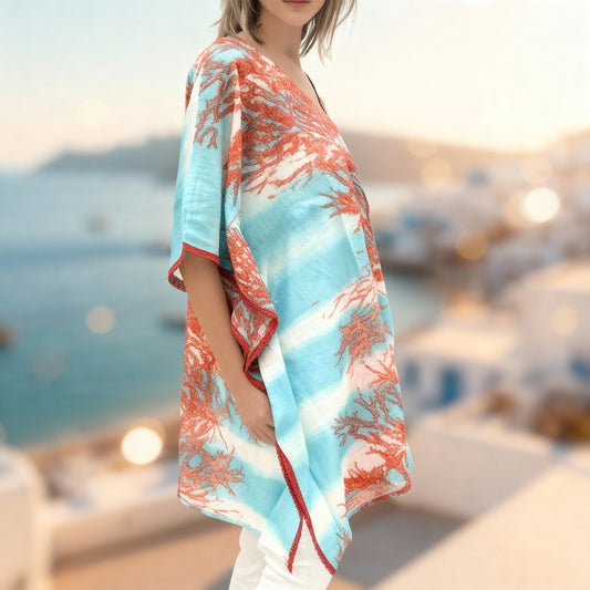 Woman wearing a colorful kimono-style tunic beach outfit Sitia, Crete