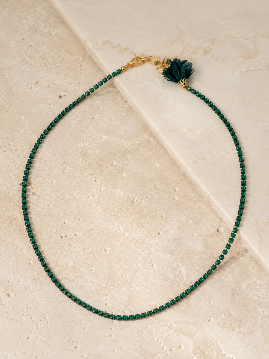 Dark green beaded short necklace flatlay, new arrival at VVC SHOP Sitia and available online at viktoria-vigh.com in various colours.