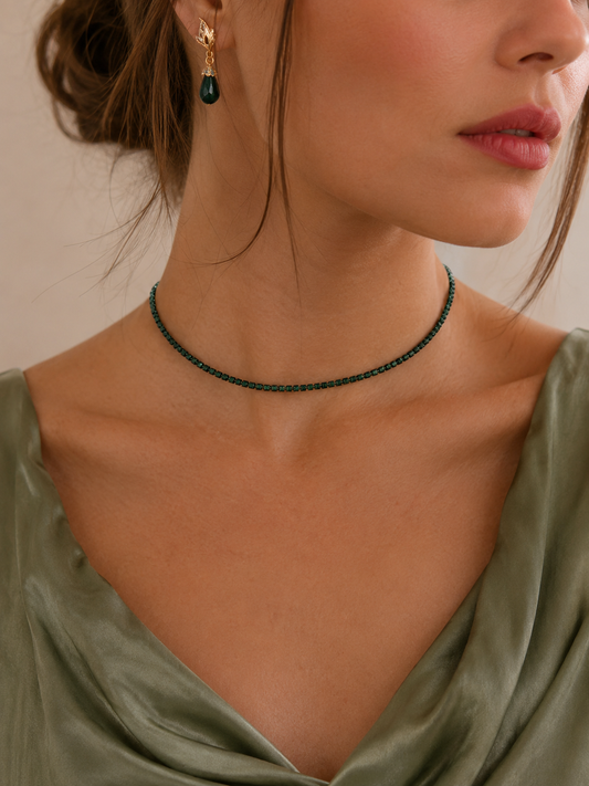 Dark green summer short necklace styled on model, new arrival at VVC SHOP Sitia in Crete and available online at viktoria-vigh.com in various colours.
