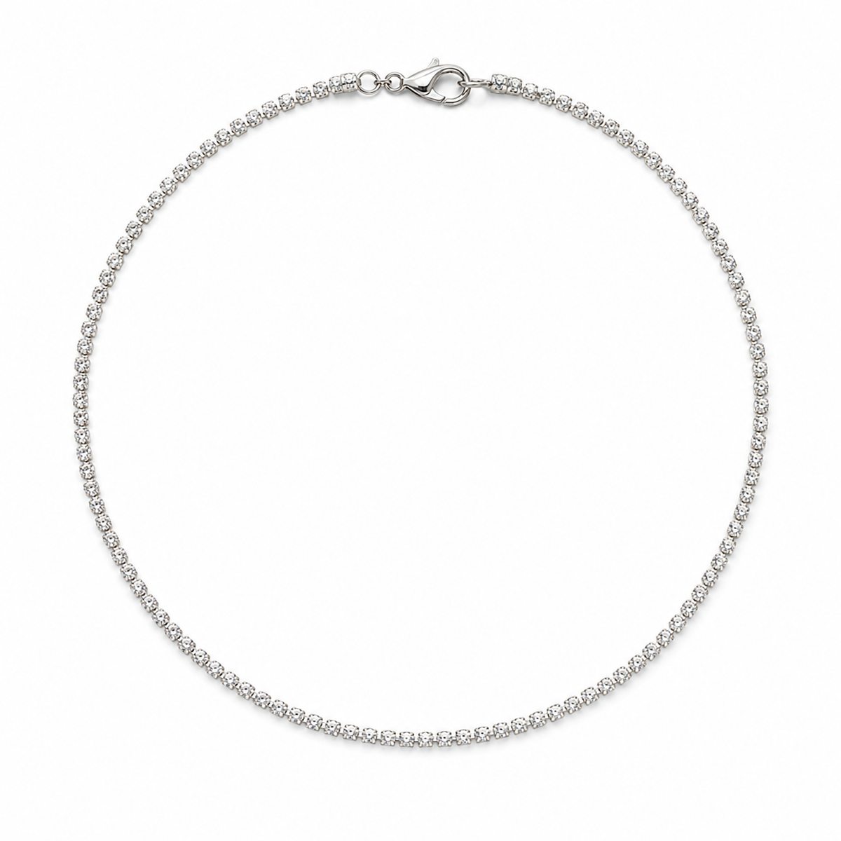 Diamond-white rhinestone choker necklace with silver-tone lobster clasp on a white background by VVC Shop Sitia.