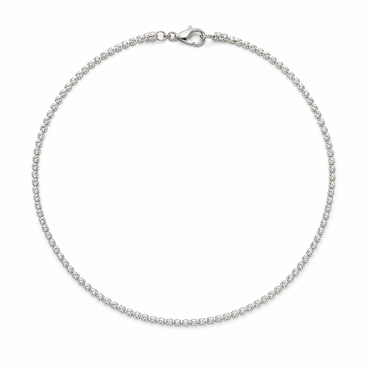 Diamond-white rhinestone choker necklace with silver-tone lobster clasp on a white background by VVC Shop Sitia.