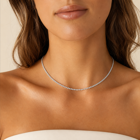 Model wearing a 40 cm diamond-white rhinestone choker necklace by VVC Shop Sitia, Crete.