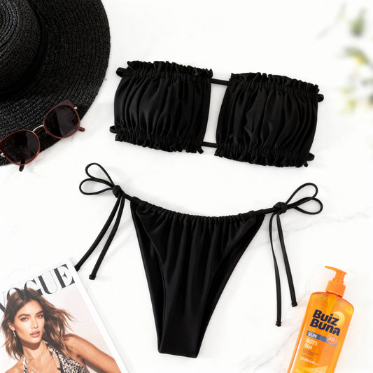 Diver Luxury Swimwear black bandeau bikini flat lay with adjustable tie bottoms, made in Greece, available at VVC SHOP Sitia Crete.