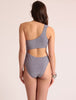 Back view of the Diver Luxury Swimwear purple lurex monokini with asymmetrical one-shoulder strap, shimmer fabric and flattering high-waist fit, made in Greece.