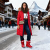 Padded Long Coat Red Cosy Winter Jacket Fur Hood Cozy Warm