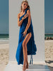 Dark blue Eros Maxi Dress perfect for resort wear with asymmetrical design