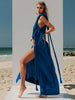 blue Eros Maxi Dress with macrame shoulder and elegant side slit VVC Sitia