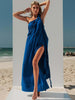 Dark blue Eros Maxi Dress with macrame shoulder and elegant side slit front shoot
