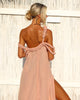 Back detail close-up of the rose Eros Maxi Dress highlighting fabric texture, VVC Sitia Crete