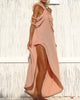 Side detail showing movement and flow of the rose light pink Eros Maxi Dress sold by VVC Sitia Crete