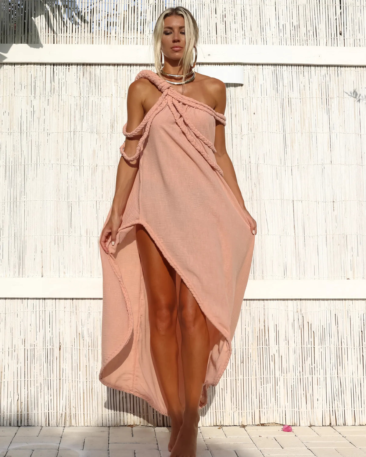 Eros Maxi Dress in rose light pink, front view with macrame shoulder detail, exclusive at VVC Sitia Crete