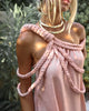 Close-up of macrame shoulder design on the rose light pink Eros Maxi Dress sold by VVC Sitia Crete