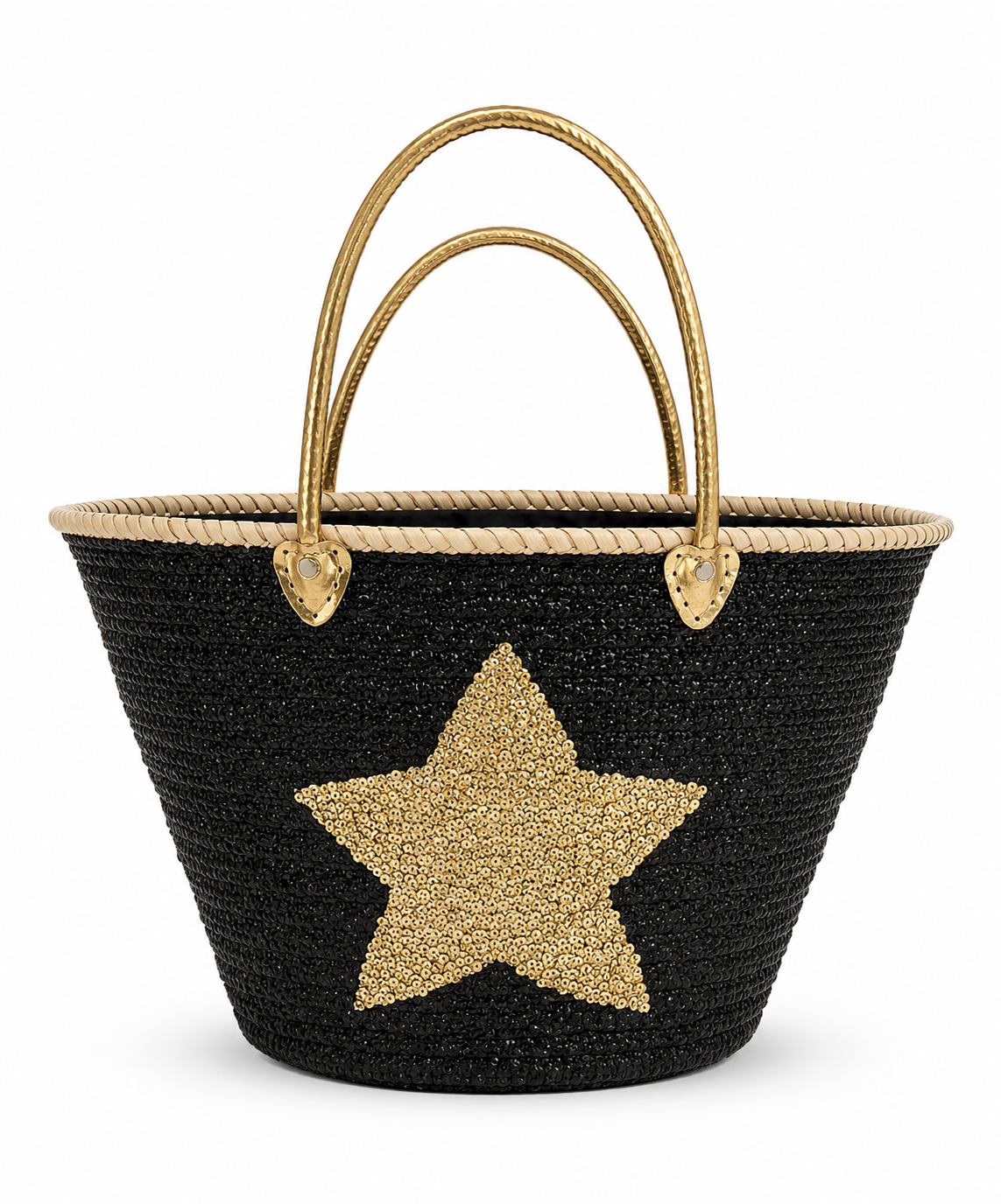Handmade VVC™ black sequin beach basket with gold star detail and gold handles. Luxury designer beach bag, cabin luggage basket and shopping tote available in Sitia, Crete.