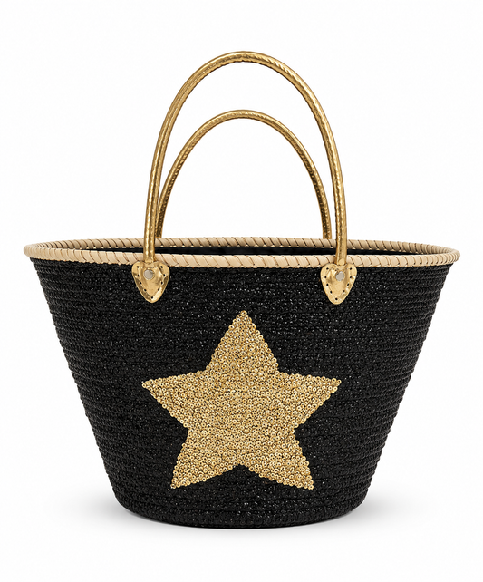 Handmade VVC™ black sequin beach basket with gold star detail and gold handles. Luxury designer beach bag, cabin luggage basket and shopping tote available in Sitia, Crete.