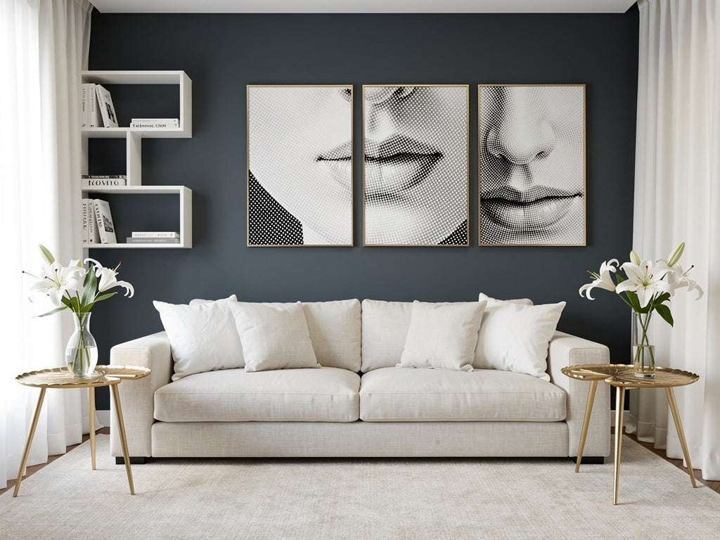 Gold leaf side tables with lilies beside a white sofa in a modern living room, available from VVC SHOP Sitia