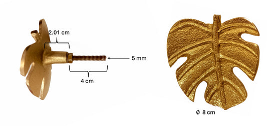 Gold Monstera leaf furniture knob shown from the front and side with an 8 cm diameter and 4 cm screw fitting
