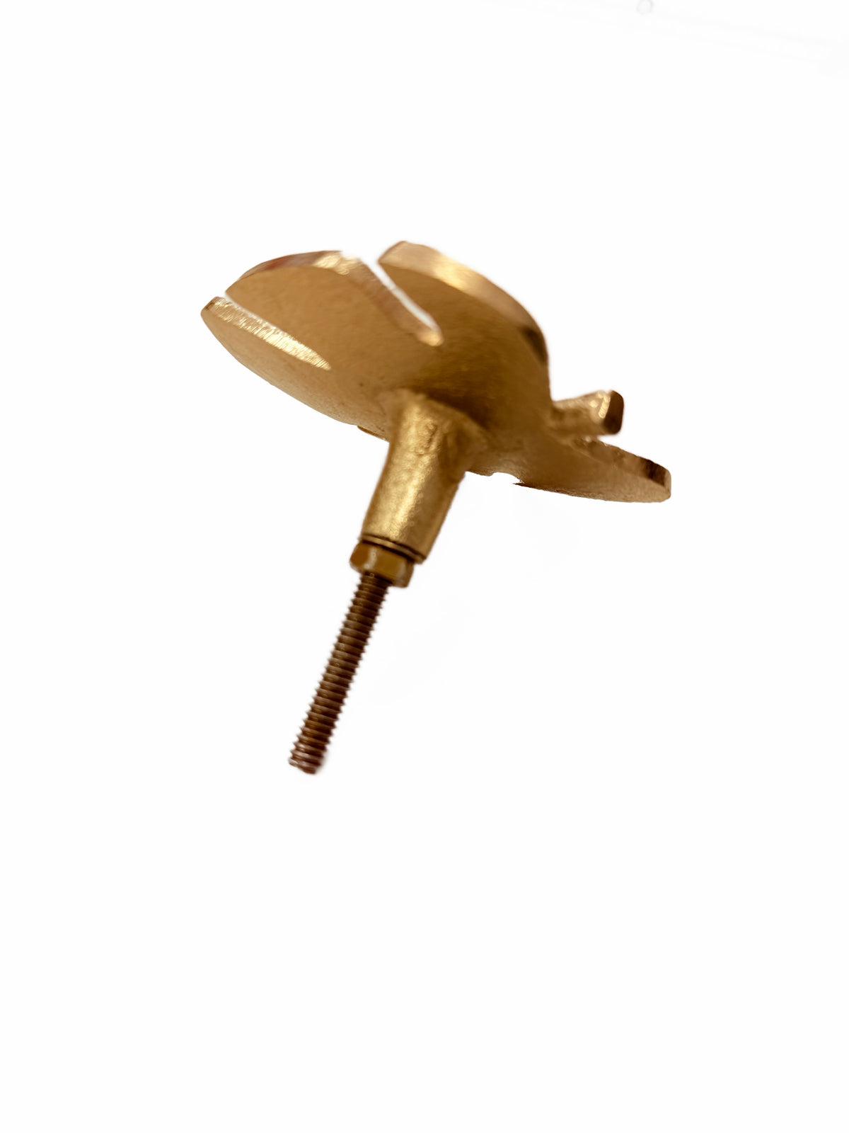 Side view of a gold Monstera leaf furniture knob showing its 4 cm screw fitting.