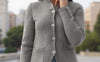 Close-up of gray cardigan buttons and silky soft viscose knit – Made in Italy, VVC Shop Sitia