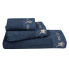 Greenwich Polo Club three-piece cotton towel set 2666 in dark blue with champagne embroidered Polo logo, including body, hand and face towels.