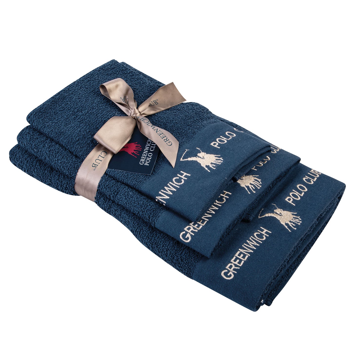 Greenwich Polo Club 3 Piece Towel Set 2666 in dark blue with champagne embroidered polo logo and premium cotton finish