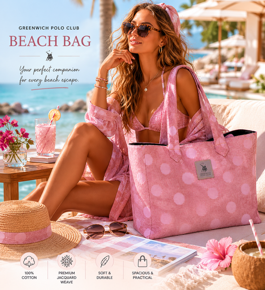 Greenwich Polo Club beach bag 50x38 cm in soft rose jacquard with large woven dots, carried by model at luxury beach club in Sitia Crete.