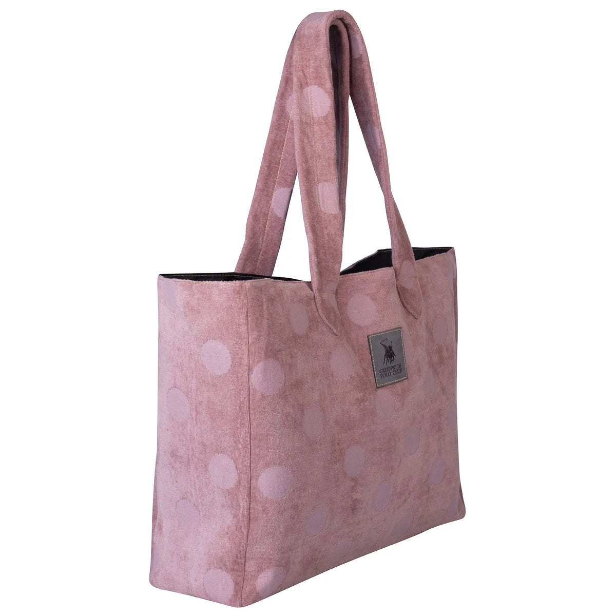 Soft rose Greenwich Polo Club tote beach bag with large jacquard woven dots, cushioned shoulder handles and spacious 50x38 cm design