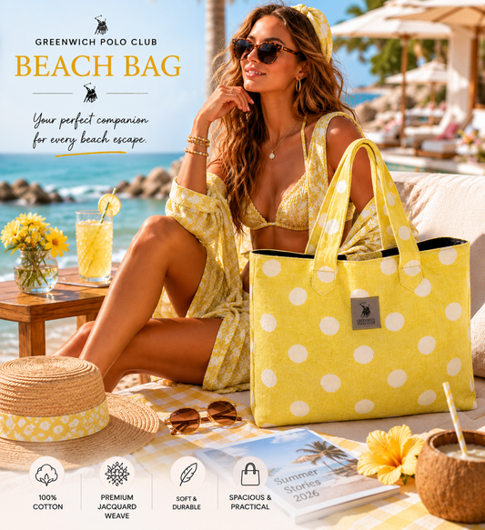 Greenwich Polo Club beach bag 3737 in yellow jacquard with large woven dots, showcased by a model at a luxury beach club in Sitia Crete.
