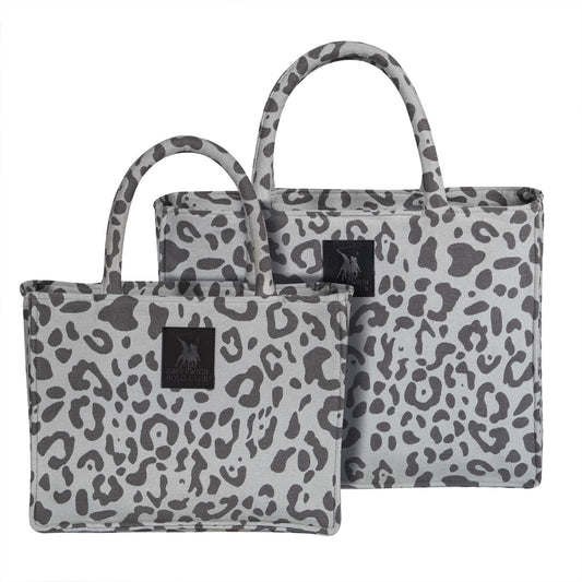 Small and large Greenwich Polo Club 4061 grey animal-print beach bags shown side by side.