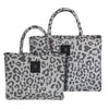 Small and large Greenwich Polo Club 4061 grey animal-print beach bags shown side by side.