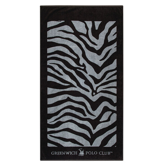 Greenwich Polo Club 3604 black beach towel with a white zebra-print border, 90 × 170 cm, shown flat.