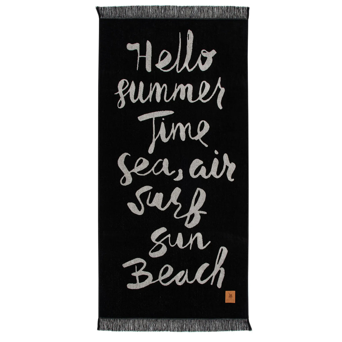 Greenwich Polo Club 3641 black cotton beach towel with sand lettering, decorative fringes and “Hello Summertime” design.
