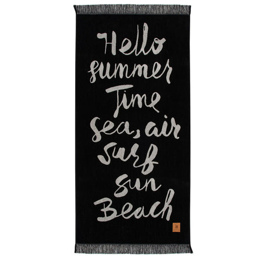 Greenwich Polo Club 3641 black cotton beach towel with sand lettering, decorative fringes and “Hello Summertime” design.