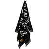 Hanging view of the Greenwich Polo Club cotton beach towel 3641 in black and sand with “Hello Summertime” lettering and fringed ends.