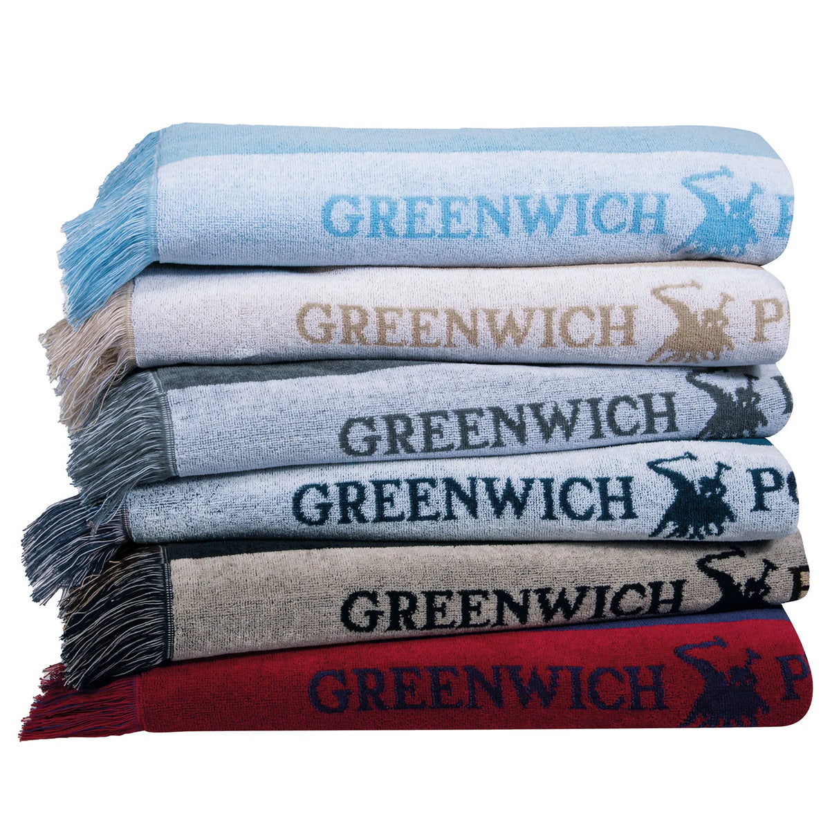 Folded Greenwich Polo Club beach towels with woven logo bands in assorted colours.