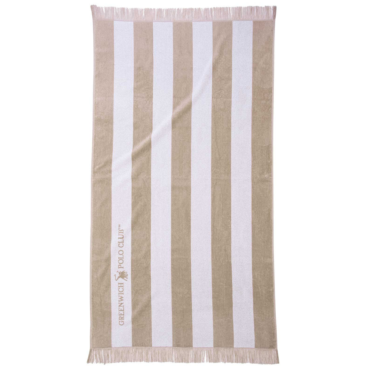 Greenwich Polo Club 3729 taupe-and-white striped cotton beach towel, 90 × 170 cm, shown flat.