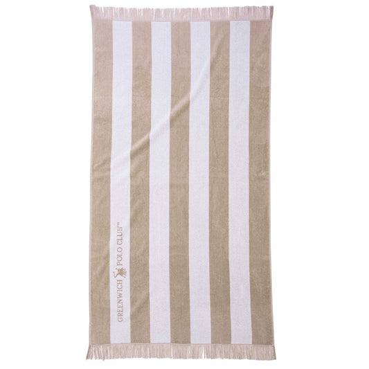 Greenwich Polo Club 3729 taupe-and-white striped cotton beach towel, 90 × 170 cm, shown flat.