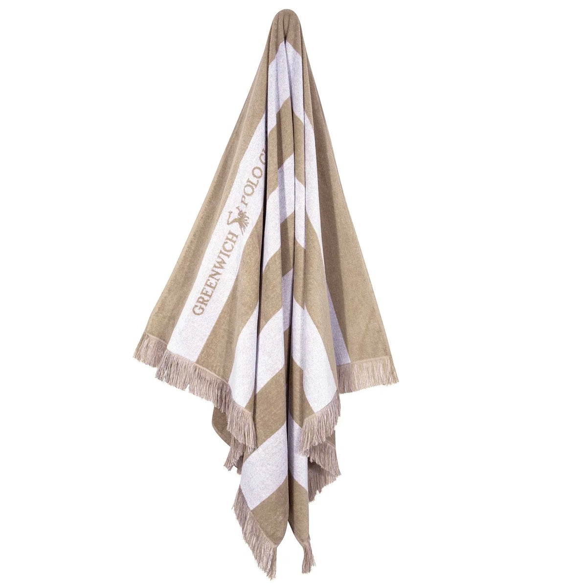 Hanging view of the Greenwich Polo Club 3729 taupe-and-white striped cotton beach towel with fringes.