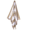 Hanging view of the Greenwich Polo Club 3729 taupe-and-white striped cotton beach towel with fringes.