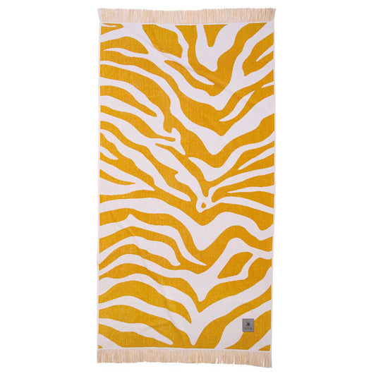 Greenwich Polo Club beach towel 3741 in ocher and white zebra jacquard design with fringes