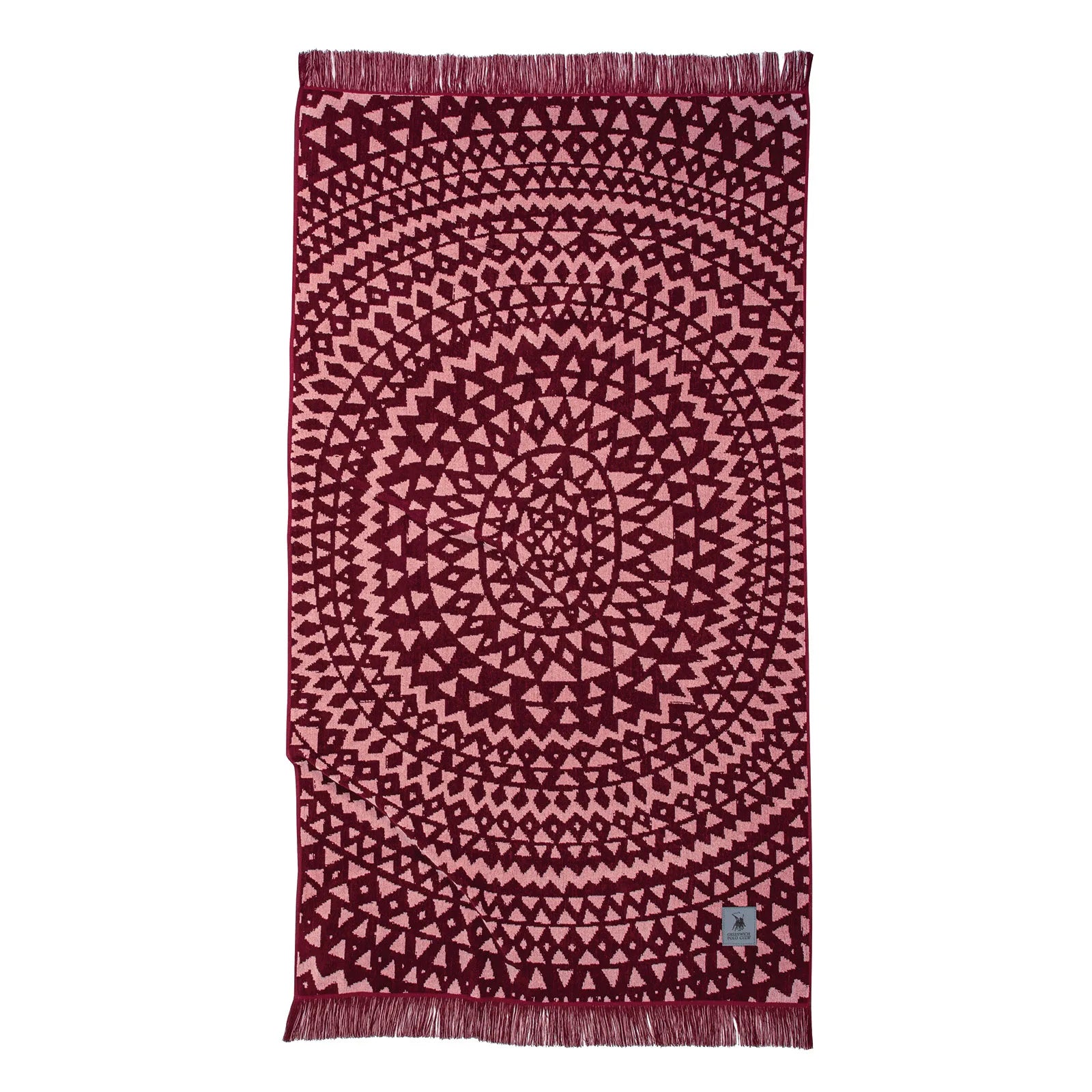 Greenwich Polo Club 3771 burgundy and ecru ethnic-pattern cotton beach towel with fringes, 90 × 180 cm.