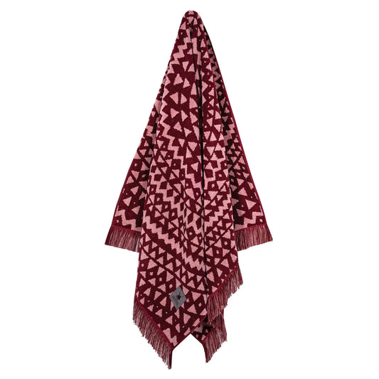 Hanging Greenwich Polo Club 3771 burgundy and ecru ethnic-pattern cotton beach towel with fringed ends.