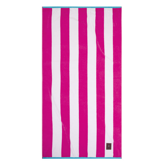 Greenwich Polo Club 3817 fuchsia and white striped cotton beach towel with turquoise trim, 90 × 170 cm.