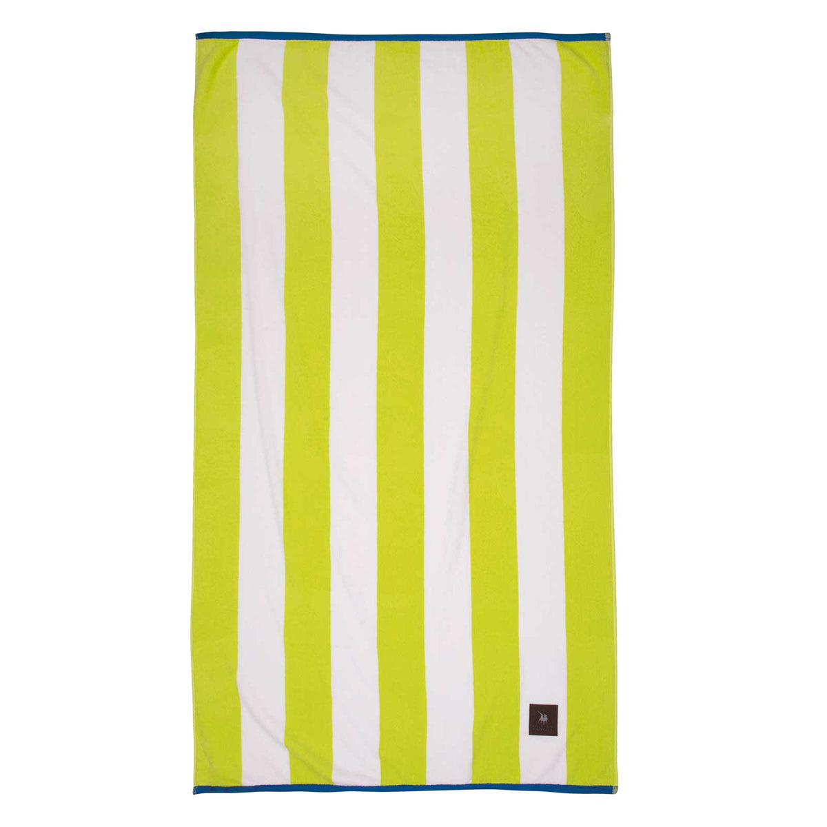 Greenwich Polo Club 3818 lime green and white striped cotton beach towel with blue trim, 90 × 170 cm.