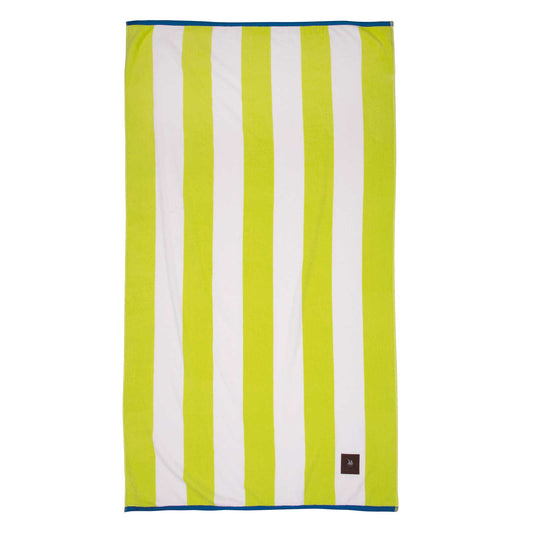 Greenwich Polo Club 3818 lime green and white striped cotton beach towel with blue trim, 90 × 170 cm.